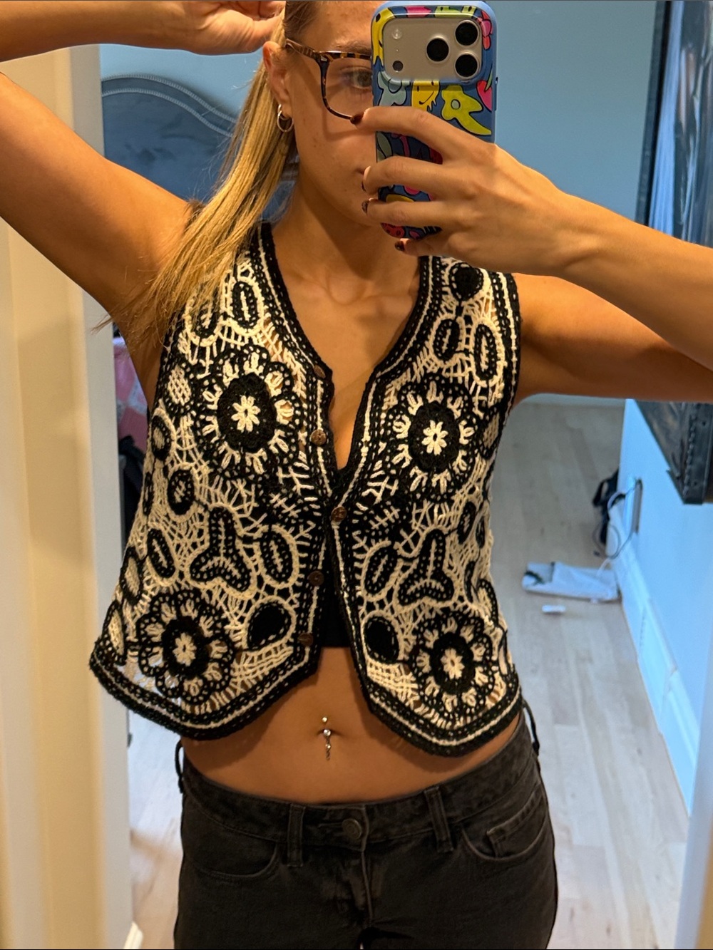Crochet Button-Front Vest - Black & Cream